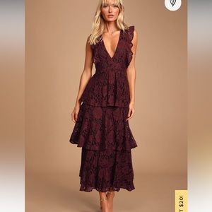 Lulu’s Molinetto Burgundy Lace Ruffled Tiered Sleeveless Maxi Dress